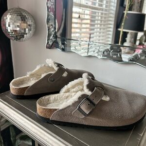 Birkenstock BOSTON  Suede Shearling Clog Mules with Cream Lining